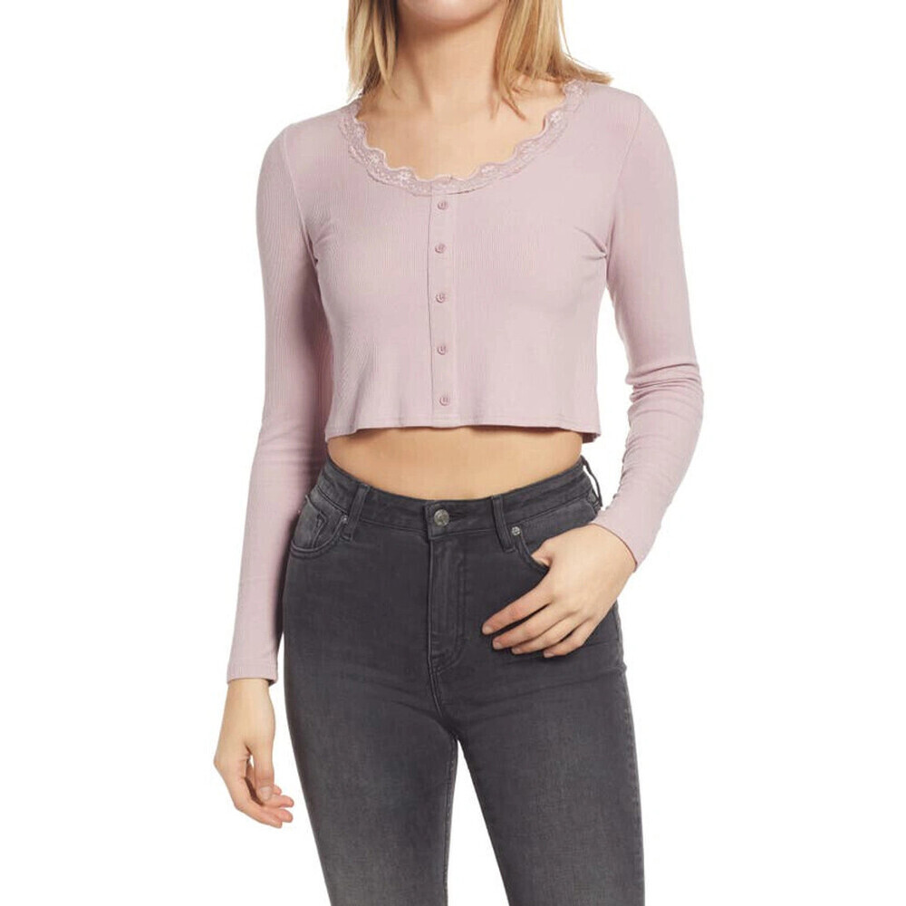 BP. Lace Detail Button Front Rib Top In Pink Smoke Size M
